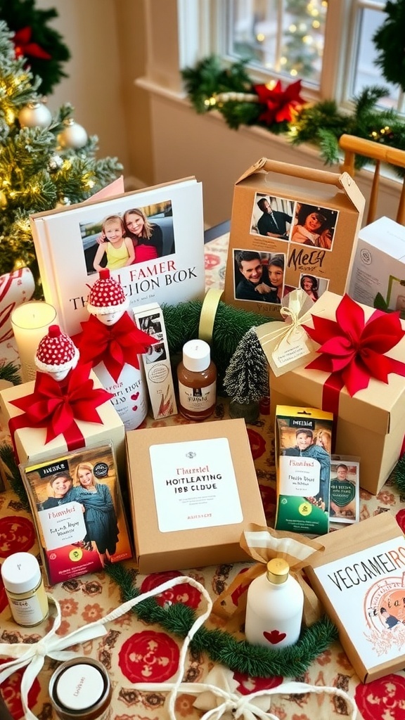 A festive table with unique Christmas gifts including a photo book, subscription box, and eco-friendly items.